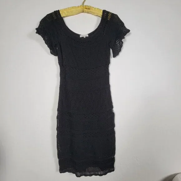 Ronny Kobo Womens Black Lace Knit Short Sleeve Mini Dress Size Medium Scoop Neck - Picture 1 of 9